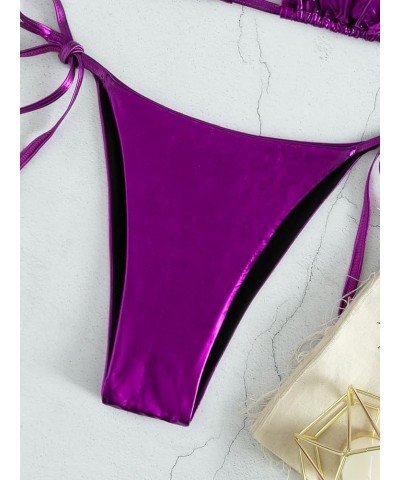 Women's Sexy Two Piece Swimsuit Metallic Bikini High Waisted Halter Bathing Suit for Women Purple $17.66 Swimsuits