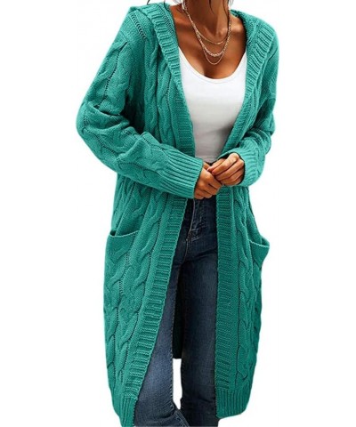 Women's Long Hooded Cardigan Sweaters Open Front Long Sleeves Solid Pocket Chunky Knit Coats Lake Blue $24.74 Sweaters