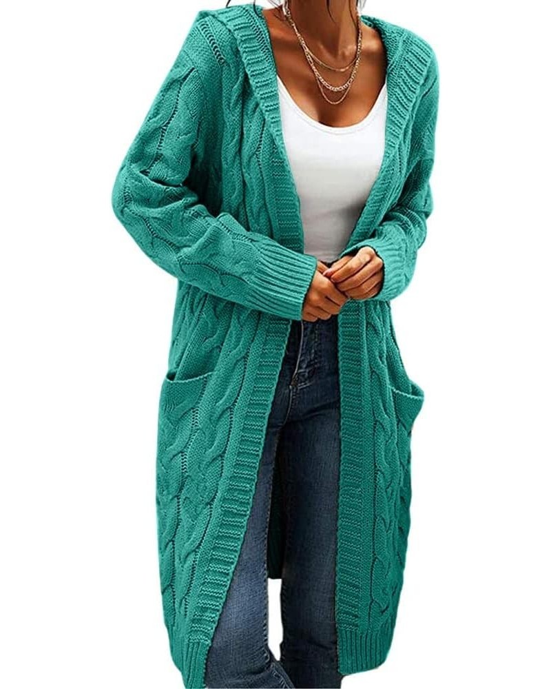 Women's Long Hooded Cardigan Sweaters Open Front Long Sleeves Solid Pocket Chunky Knit Coats Lake Blue $24.74 Sweaters