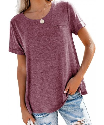 Women's Roll Up Short Sleeve T Shirts Crew Neck Tops Loose Casual Tees with Pocket Wine Red $9.96 T-Shirts