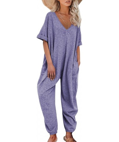 Women's Solid Color V Neck Jumpsuits Half Sleeve Long Rompers Beam Foot Baggy Overalls Pants Dark Blue Purple $18.00 Jumpsuits