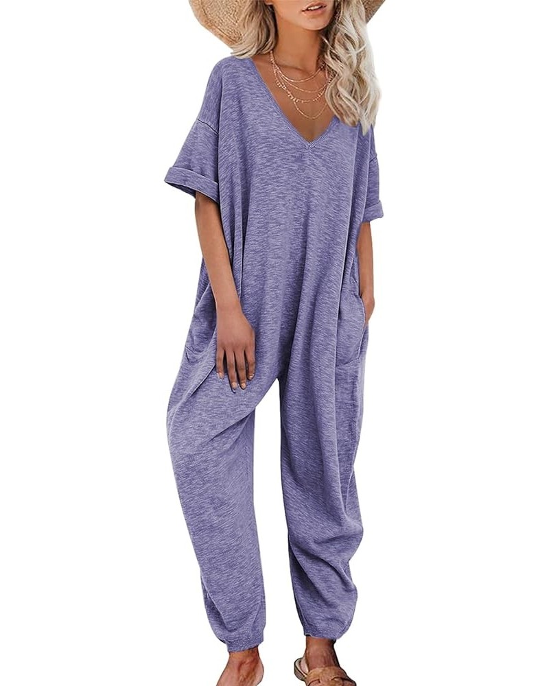 Women's Solid Color V Neck Jumpsuits Half Sleeve Long Rompers Beam Foot Baggy Overalls Pants Dark Blue Purple $18.00 Jumpsuits