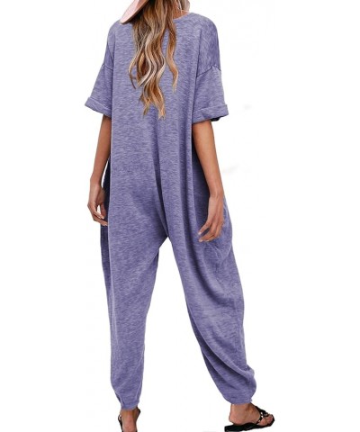 Women's Solid Color V Neck Jumpsuits Half Sleeve Long Rompers Beam Foot Baggy Overalls Pants Dark Blue Purple $18.00 Jumpsuits