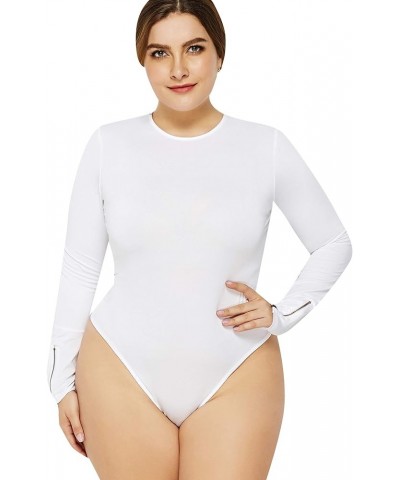 Womens Long Sleeve Slim Fit Bodysuit Soft Round Neck Solid Color Jumpsuit Leotard Top White $12.95 Bodysuits