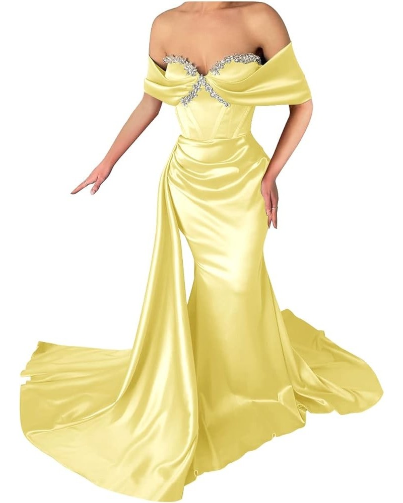 Off Shoulder Mermaid Prom Dresses for Women Sweetheart Satin Evening Gown Maxi Bodycon Party Dress Yellow $43.99 Dresses