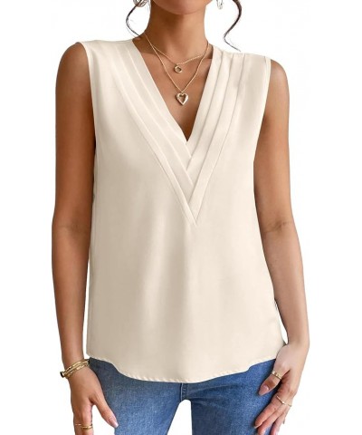 Women's Elegant V Neck Pleated Sleeveless Office Blouse Shirt Tank Top Beige $11.89 Tanks