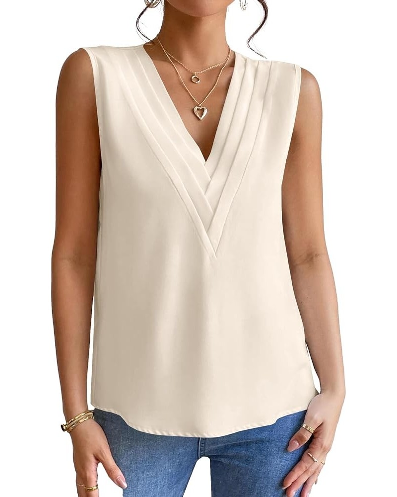 Women's Elegant V Neck Pleated Sleeveless Office Blouse Shirt Tank Top Beige $11.89 Tanks