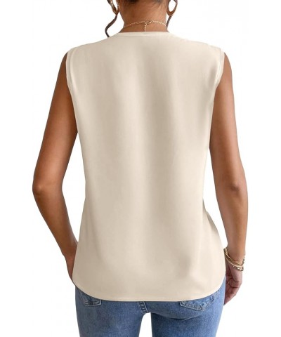 Women's Elegant V Neck Pleated Sleeveless Office Blouse Shirt Tank Top Beige $11.89 Tanks