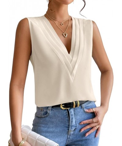 Women's Elegant V Neck Pleated Sleeveless Office Blouse Shirt Tank Top Beige $11.89 Tanks