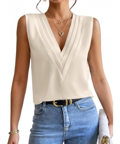 Women's Elegant V Neck Pleated Sleeveless Office Blouse Shirt Tank Top Beige $11.89 Tanks