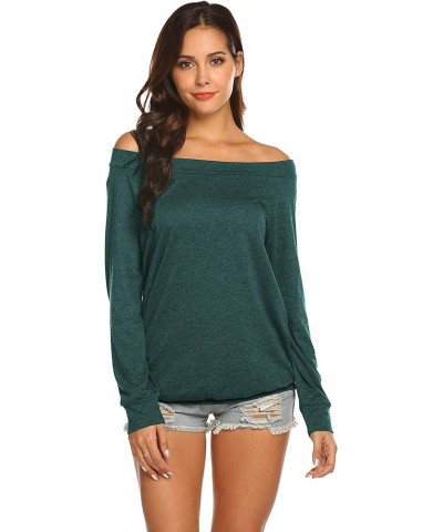 Women's Long Sleeve Boat Neck Off Shoulder Blouse Tops Green $10.89 Blouses