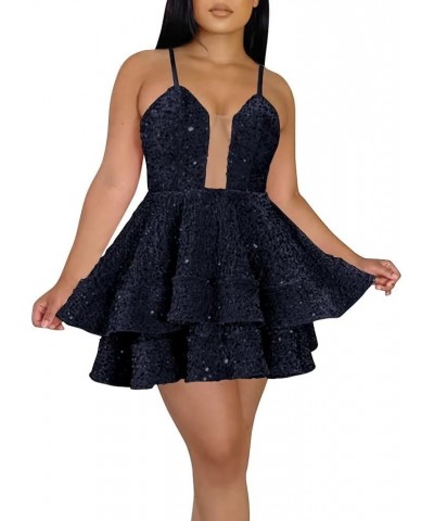 Sequin Homecoming Dresses for Teens Sparkly V Neck Short Prom Dress A Line Princess Cocktail Gowns Backless with Pockets Navy...
