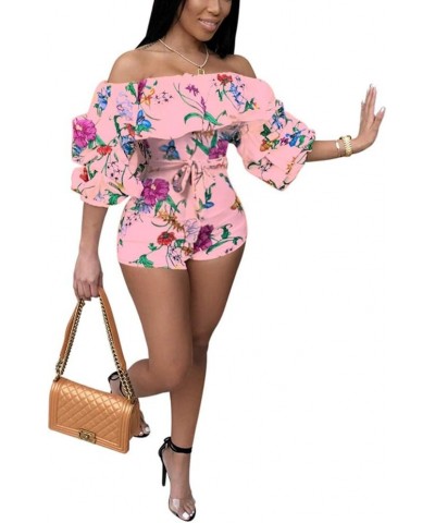 Women Sexy One Piece Romper Outfits Pull Sleeve Floral Print Off Shoulder Short Jumpsuit Pants Set Pink $18.28 Jumpsuits