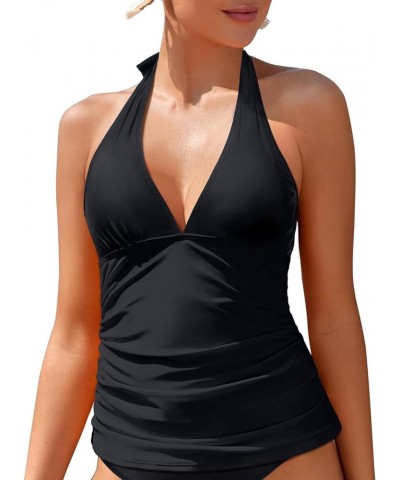 Two Piece Tankini Bathing Suits for Women Tummy Control Swimsuits Sexy V Neck Halter Tankini Top with Bikini Bottom Black-v N...