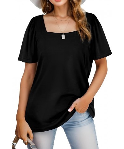 Shirts for Women Casual Square Neck Short Sleeve T Shirts Loose Fit Summer Tops Black $12.88 Tops