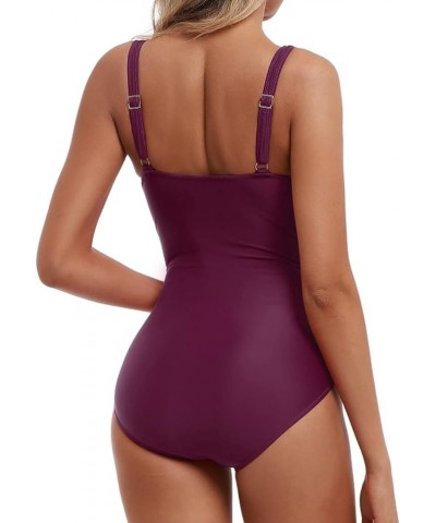 Women's One Piece Swimsuits Vintage Tummy Control Bathing Suit Slimming Ruched Swimwear Burgundy-3 $20.09 Swimsuits