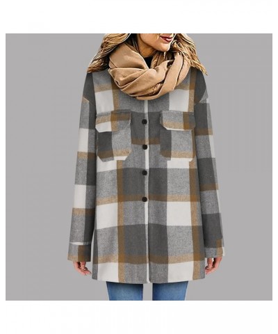 Womens Casual Plaid Shacket Tartan Jacket Oversized Long Sleeve Collared Trench Shirt Woolen Button Up Pea Coats Gray28 $13.8...