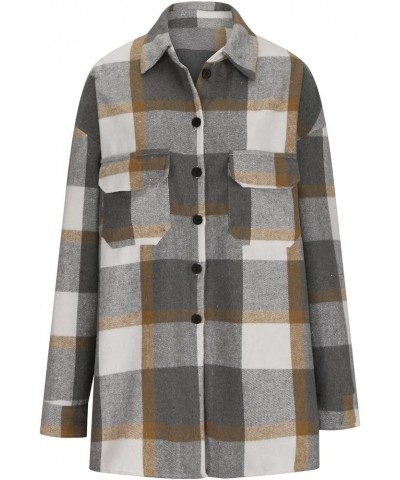 Womens Casual Plaid Shacket Tartan Jacket Oversized Long Sleeve Collared Trench Shirt Woolen Button Up Pea Coats Gray28 $13.8...