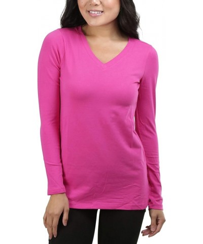 Women's Basic V-Neck Long Sleeve Tee Hot Pink $12.85 T-Shirts