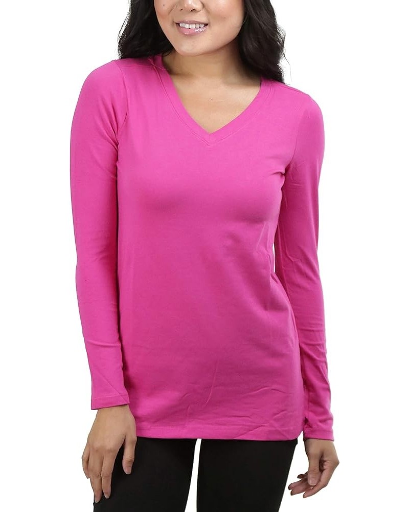 Women's Basic V-Neck Long Sleeve Tee Hot Pink $12.85 T-Shirts