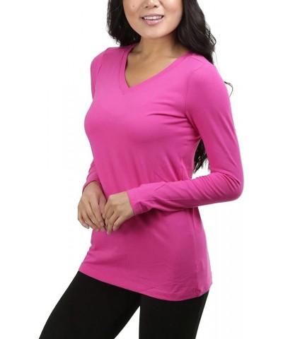 Women's Basic V-Neck Long Sleeve Tee Hot Pink $12.85 T-Shirts