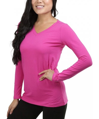 Women's Basic V-Neck Long Sleeve Tee Hot Pink $12.85 T-Shirts