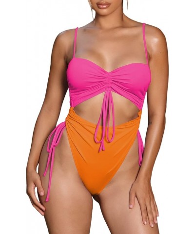 Women's Cut Out Drawstring One Piece Swimsuit Cheeky High Cut Bathing Suit Orange Pop Pink $14.70 Swimsuits