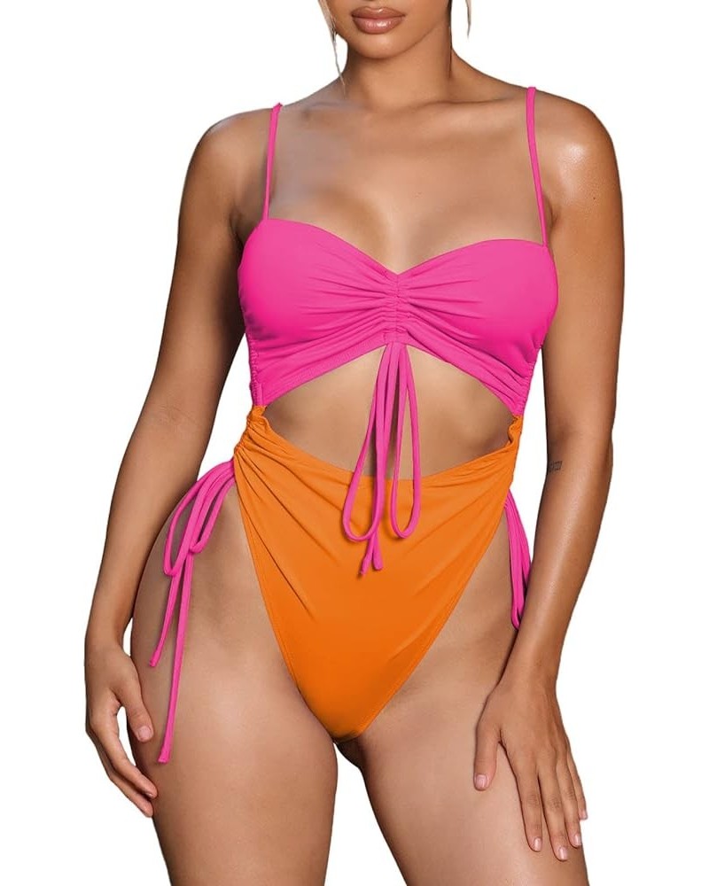 Women's Cut Out Drawstring One Piece Swimsuit Cheeky High Cut Bathing Suit Orange Pop Pink $14.70 Swimsuits