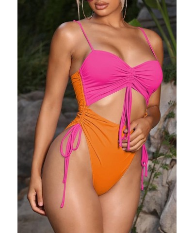 Women's Cut Out Drawstring One Piece Swimsuit Cheeky High Cut Bathing Suit Orange Pop Pink $14.70 Swimsuits