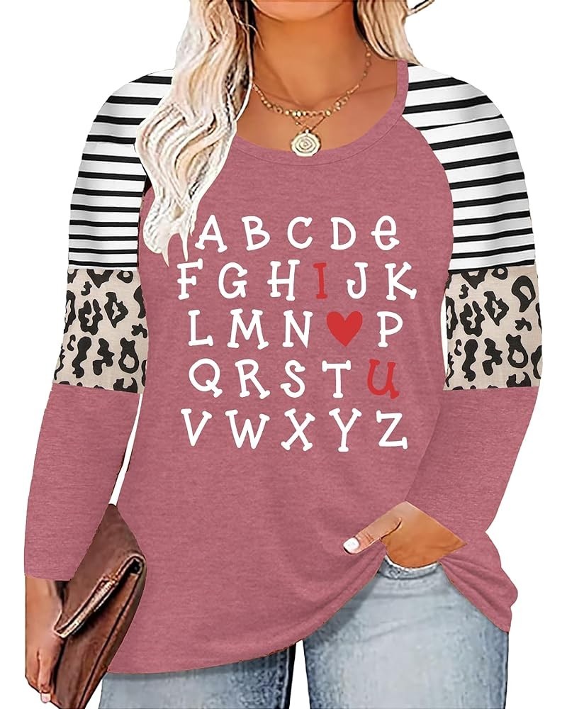 Plus Size Valentine's Day Shirt for Women Cute Love Heart Graphic T-Shirt Long Sleeve Shirts for Her Pink $17.66 Tops