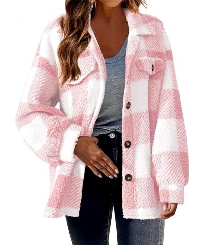 Womens Fuzzy Plaid Shacket Jacket Furry 2024 Spring Long Sleeve Button Down Warm Coats Fleece Lined Jackets Pink $6.83 Jackets