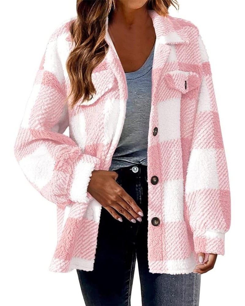 Womens Fuzzy Plaid Shacket Jacket Furry 2024 Spring Long Sleeve Button Down Warm Coats Fleece Lined Jackets Pink $6.83 Jackets