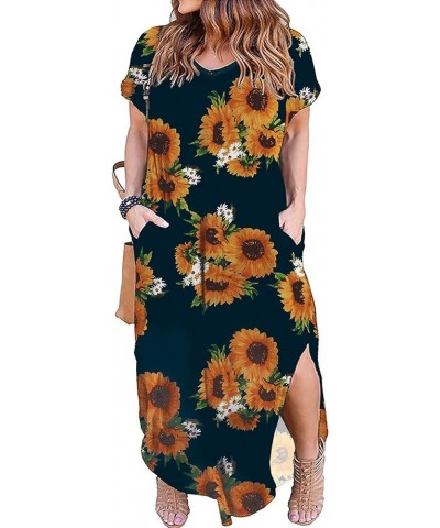 Women's Plus Size Dresses Casual Loose Pocket Short Sleeve Slits Plus Size Long Maxi Dress XL-5X Black Sunflower $15.05 Dresses