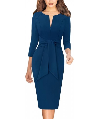 Womens Front Zipper Tie Waist Slim Work Business Office Bodycon Pencil Dress Peacock Blue-2 $18.04 Dresses