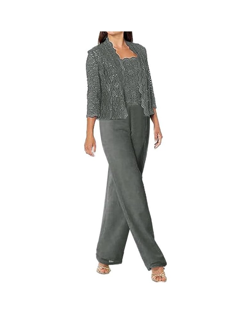 Mother of The Bride Dresses Lace 3 Pieces Mother of The Bride Pant Suits Scoop Neck Mother of The Groom Dresses Grey $46.74 S...