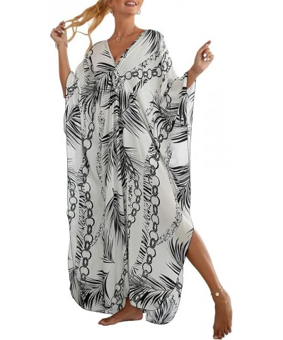 Kaftan Dresses Cover Up for Swimwear Women Plus Size Animal Print Caftan Resort Dress D-white Leaves $16.45 Swimsuits