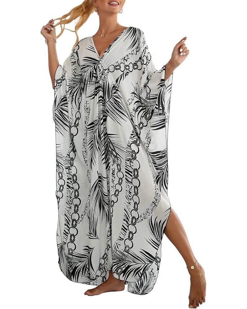 Kaftan Dresses Cover Up for Swimwear Women Plus Size Animal Print Caftan Resort Dress D-white Leaves $16.45 Swimsuits