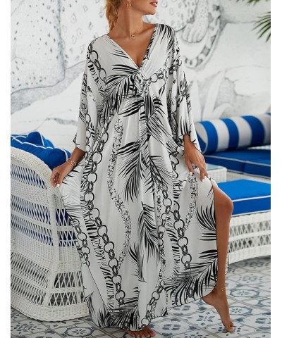 Kaftan Dresses Cover Up for Swimwear Women Plus Size Animal Print Caftan Resort Dress D-white Leaves $16.45 Swimsuits