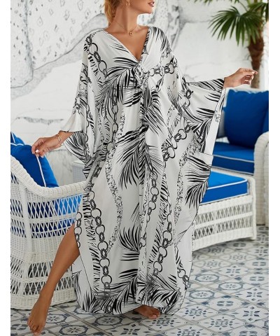 Kaftan Dresses Cover Up for Swimwear Women Plus Size Animal Print Caftan Resort Dress D-white Leaves $16.45 Swimsuits