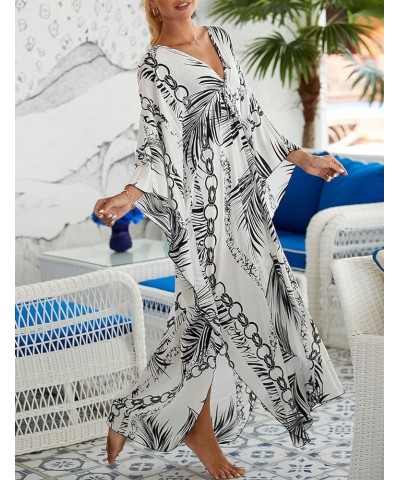 Kaftan Dresses Cover Up for Swimwear Women Plus Size Animal Print Caftan Resort Dress D-white Leaves $16.45 Swimsuits