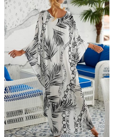 Kaftan Dresses Cover Up for Swimwear Women Plus Size Animal Print Caftan Resort Dress D-white Leaves $16.45 Swimsuits