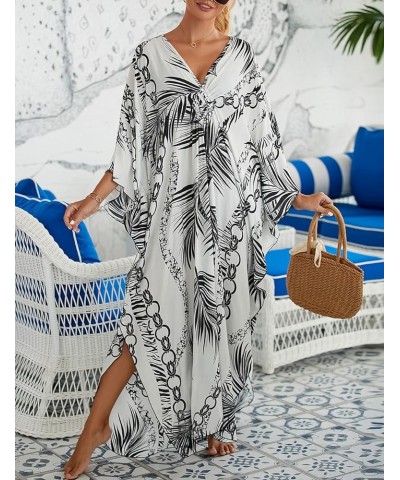 Kaftan Dresses Cover Up for Swimwear Women Plus Size Animal Print Caftan Resort Dress D-white Leaves $16.45 Swimsuits