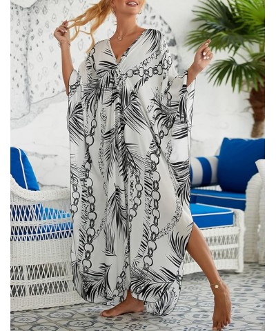 Kaftan Dresses Cover Up for Swimwear Women Plus Size Animal Print Caftan Resort Dress D-white Leaves $16.45 Swimsuits