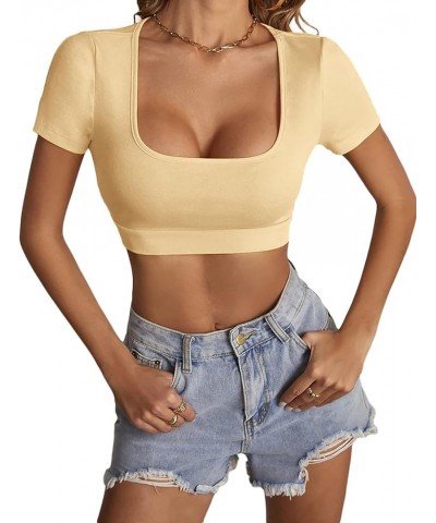 Women's Square Neck Tops Short Sleeve Crop Tops Basic Tee Slim Fit Workout Shirts Beige $10.32 T-Shirts