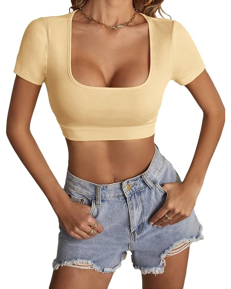 Women's Square Neck Tops Short Sleeve Crop Tops Basic Tee Slim Fit Workout Shirts Beige $10.32 T-Shirts