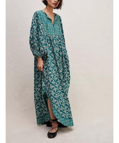 Women Floral Long Sleeve Maxi Dress Deep V Neck Puff Sleeve Ruffle Tiered A Line Boho Dress Flowy Spring Fall Dress Loose Fit...