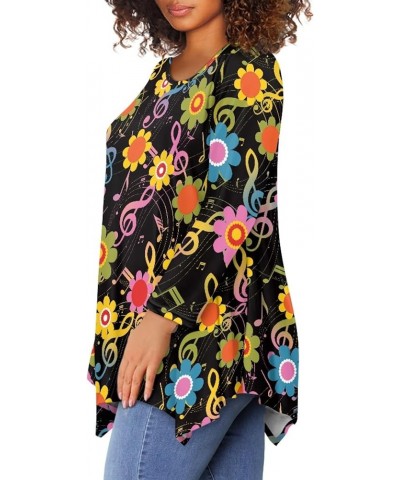 Womens Plus Size Tops Casual Long Sleeve T-Shirt with Irregular Hem Pullover T Shirts Cute Flowers Music Notes $12.90 Tops