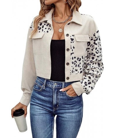 Women's Leopard Print Button Down Cropped Corduroy Jacket Shacket Outerwear Apricot $20.09 Jackets