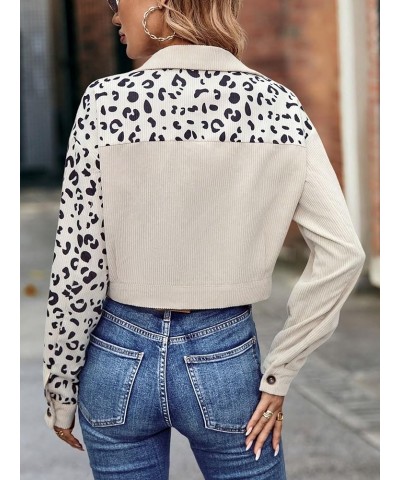 Women's Leopard Print Button Down Cropped Corduroy Jacket Shacket Outerwear Apricot $20.09 Jackets