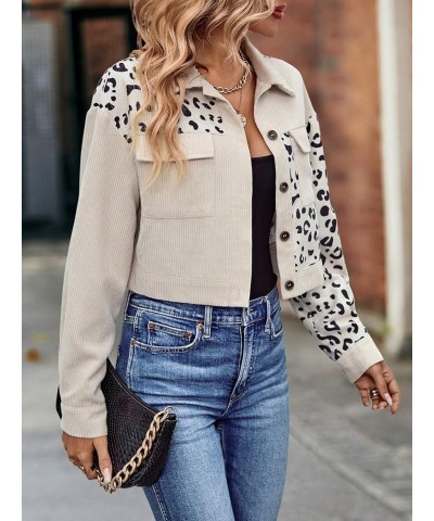 Women's Leopard Print Button Down Cropped Corduroy Jacket Shacket Outerwear Apricot $20.09 Jackets